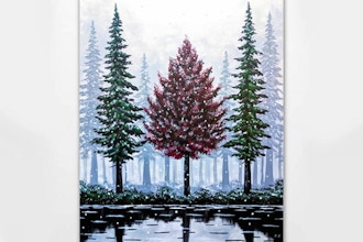 Paint Nite: Ever Red Tree among the Snowy Evergreens